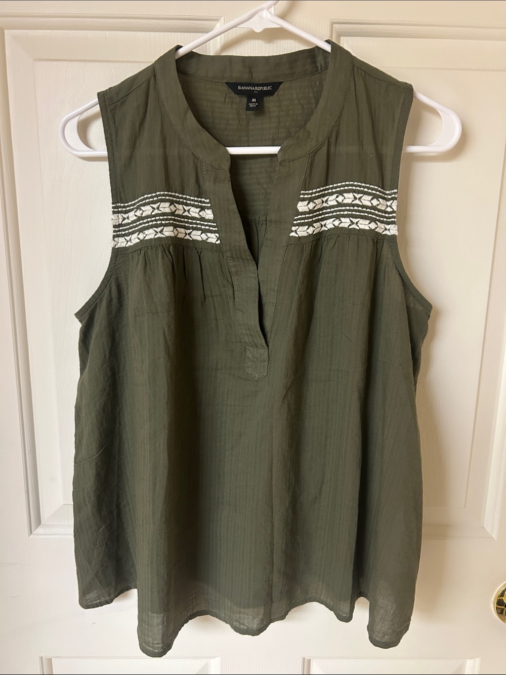 Banana Republic Olive Green Sleeveless Embroidered Split V-Neck Tank